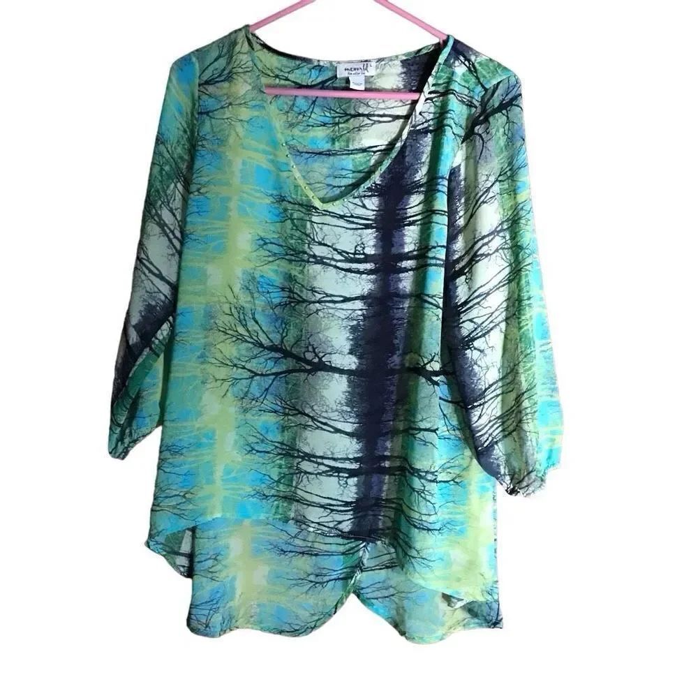 One World size Large split back top blouse green tree print sequins semi sheer